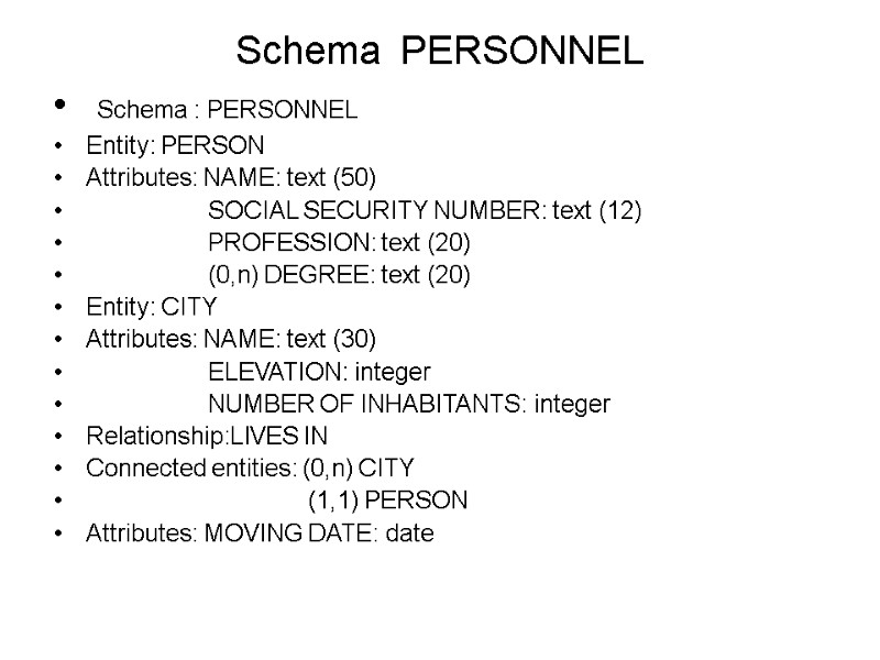 Schema  PERSONNEL  Schema : PERSONNEL Entity: PERSON Attributes: NAME: text (50) 